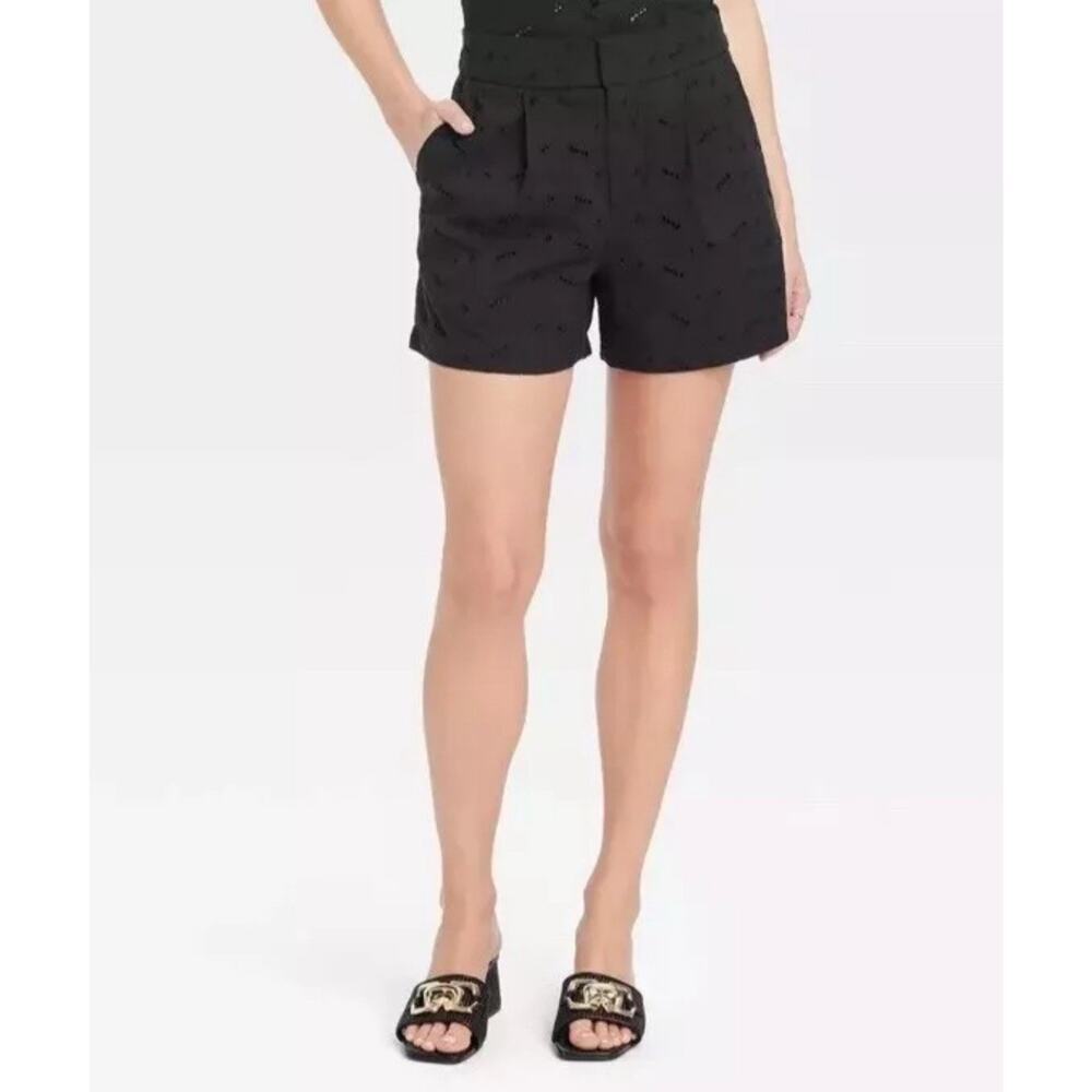 A New Day Women's High-Rise Pleated Eyelet Cotton Short Black Size 6 Cottage - Picture 7 of 9